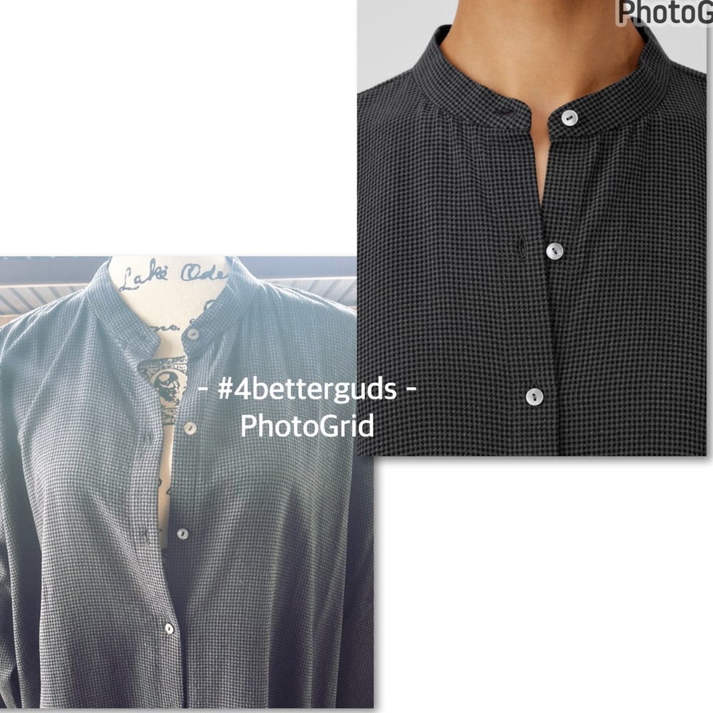 Eileen Fisher Mini Check Crepe Mandarin Collar Long Sleeve Shirt Dress LG L/G - Picture 2 of 16
